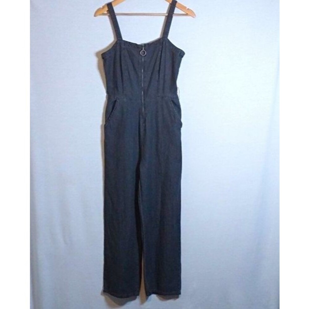 Cotton On Womens Gray Solid Denim Jumpsuit Square Neck Zip Front Strappy Pockets